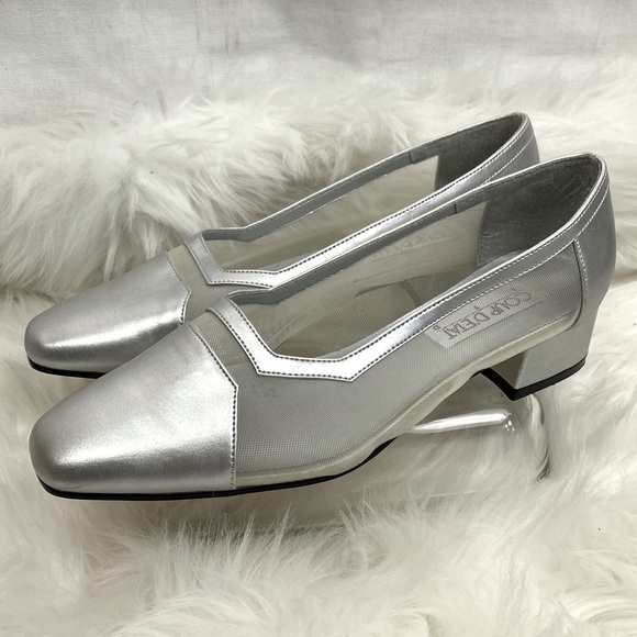 Coup D’Etat Vintage Heels Silver metallic sheer net block heel Women’s 9 - Picture 1 of 10